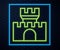 Glowing neon line Castle icon isolated on brick wall background. Medieval fortress with a tower. Protection from enemies