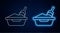 Glowing neon line Cat litter tray with shovel icon isolated on brick wall background. Sandbox cat with shovel. Vector
