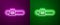 Glowing neon line Chainsaw icon isolated on purple and green background. Vector