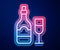 Glowing neon line Champagne bottle with glass icon isolated on blue background. Vector
