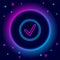 Glowing neon line Check mark in circle icon isolated on black background. Choice button sign. Checkmark symbol. Colorful