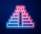 Glowing neon line Chichen Itza in Mayan icon isolated on blue background. Ancient Mayan pyramid. Famous monument of