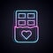 Glowing neon line Chocolate bar icon isolated on black background. Happy Valentines day. Vector
