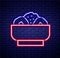 Glowing neon line Chow mein on plate icon isolated on brick wall background. Asian food. Colorful outline concept