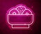 Glowing neon line Chow mein on plate icon isolated on red background. Asian food. Vector