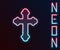 Glowing neon line Christian cross icon isolated on black background. Church cross. Colorful outline concept. Vector