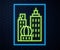 Glowing neon line City landscape icon isolated on brick wall background. Metropolis architecture panoramic landscape