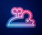 Glowing neon line Clockwork mouse icon isolated on blue background. Wind up mouse toy. Vector
