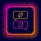 Glowing neon line Coffee and conversation icon isolated on black background. Coffee talk. Speech bubbles chat. Colorful
