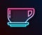 Glowing neon line Coffee cup icon isolated on black background. Tea cup. Hot drink coffee. Vector Illustration