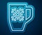 Glowing neon line Coffee cup with snowflake icon isolated on blue background. Tea cup. Hot drink coffee. Merry Christmas