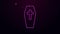 Glowing neon line Coffin with christian cross icon isolated on purple background. Happy Halloween party. 4K Video motion
