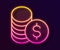 Glowing neon line Coin money with dollar symbol icon isolated on black background. Banking currency sign. Cash symbol