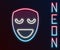 Glowing neon line Comedy theatrical mask icon isolated on black background. Colorful outline concept. Vector