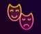 Glowing neon line Comedy and tragedy theatrical masks icon isolated on black background. Vector