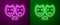 Glowing neon line Comedy and tragedy theatrical masks icon isolated on purple and green background. Vector