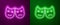 Glowing neon line Comedy and tragedy theatrical masks icon isolated on purple and green background. Vector Illustration
