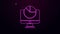 Glowing neon line Computer monitor with graph chart icon isolated on purple background. Report text file. Accounting