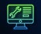 Glowing neon line Computer monitor with wrench icon isolated on blue background. Adjusting, service, setting