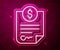 Glowing neon line Contract money icon isolated on red background. Banking document dollar file finance money page