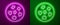 Glowing neon line Cookie or biscuit with chocolate icon isolated on purple and green background. Vector Illustration