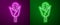 Glowing neon line Corn icon isolated on purple and green background. Vector
