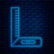 Glowing neon line Corner ruler icon isolated on brick wall background. Setsquare, angle ruler, carpentry, measuring