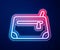 Glowing neon line Cosmetic bag icon isolated on blue background. Vector