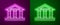 Glowing neon line Courthouse building icon isolated on purple and green background. Building bank or museum. Vector