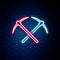 Glowing neon line Crossed pickaxe icon isolated on brick wall background. Blockchain technology, cryptocurrency mining