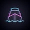 Glowing neon line Cruise ship in ocean icon isolated on black background. Cruising the world. Vector