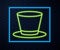 Glowing neon line Cylinder hat icon isolated on brick wall background. Vector