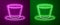 Glowing neon line Cylinder hat icon isolated on purple and green background. Vector