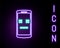 Glowing neon line Dead mobile icon isolated on black background. Deceased digital device emoji symbol. Corpse smartphone