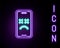 Glowing neon line Dead mobile icon isolated on black background. Deceased digital device emoji symbol. Corpse smartphone