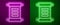 Glowing neon line Decree, paper, parchment, scroll icon icon isolated on purple and green background. Vector