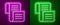 Glowing neon line Decree, paper, parchment, scroll icon icon isolated on purple and green background. Vector