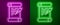 Glowing neon line Decree, paper, parchment, scroll icon icon isolated on purple and green background. Vector