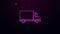 Glowing neon line Delivery cargo truck vehicle icon isolated on purple background. 4K Video motion graphic animation