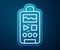 Glowing neon line Dictaphone icon isolated on blue background. Voice recorder. Vector