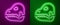 Glowing neon line Dinosaur skull icon isolated on purple and green background. Vector