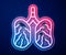 Glowing neon line Disease lungs icon isolated on blue background. Vector
