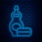 Glowing neon line Dishwashing liquid bottle icon isolated on brick wall background. Liquid detergent for washing dishes