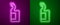 Glowing neon line Dishwashing liquid bottle icon isolated on purple and green background. Liquid detergent for washing