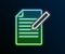 Glowing neon line Document and pen icon isolated on black background. File icon. Checklist icon. Business concept