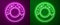 Glowing neon line Donut with sweet glaze icon isolated on purple and green background. Vector Illustration