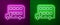 Glowing neon line Double decker bus icon isolated on purple and green background. London classic passenger bus. Public