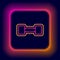 Glowing neon line Dumbbell icon isolated on black background. Muscle lifting icon, fitness barbell, gym, sports