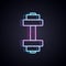 Glowing neon line Dumbbell icon isolated on black background. Muscle lifting icon, fitness barbell, gym, sports