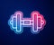 Glowing neon line Dumbbell icon isolated on blue background. Muscle lifting, fitness barbell, sports equipment. Vector